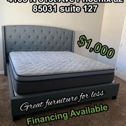 King Size Bed Frame With Pillow Top Mattress And Boxspring Brand New