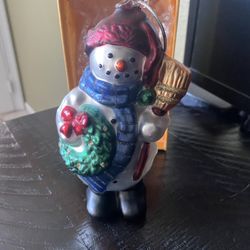 Department 56 Mercury Glass Snowman. With Wreath And Broom. ( Comes With Original Box.)