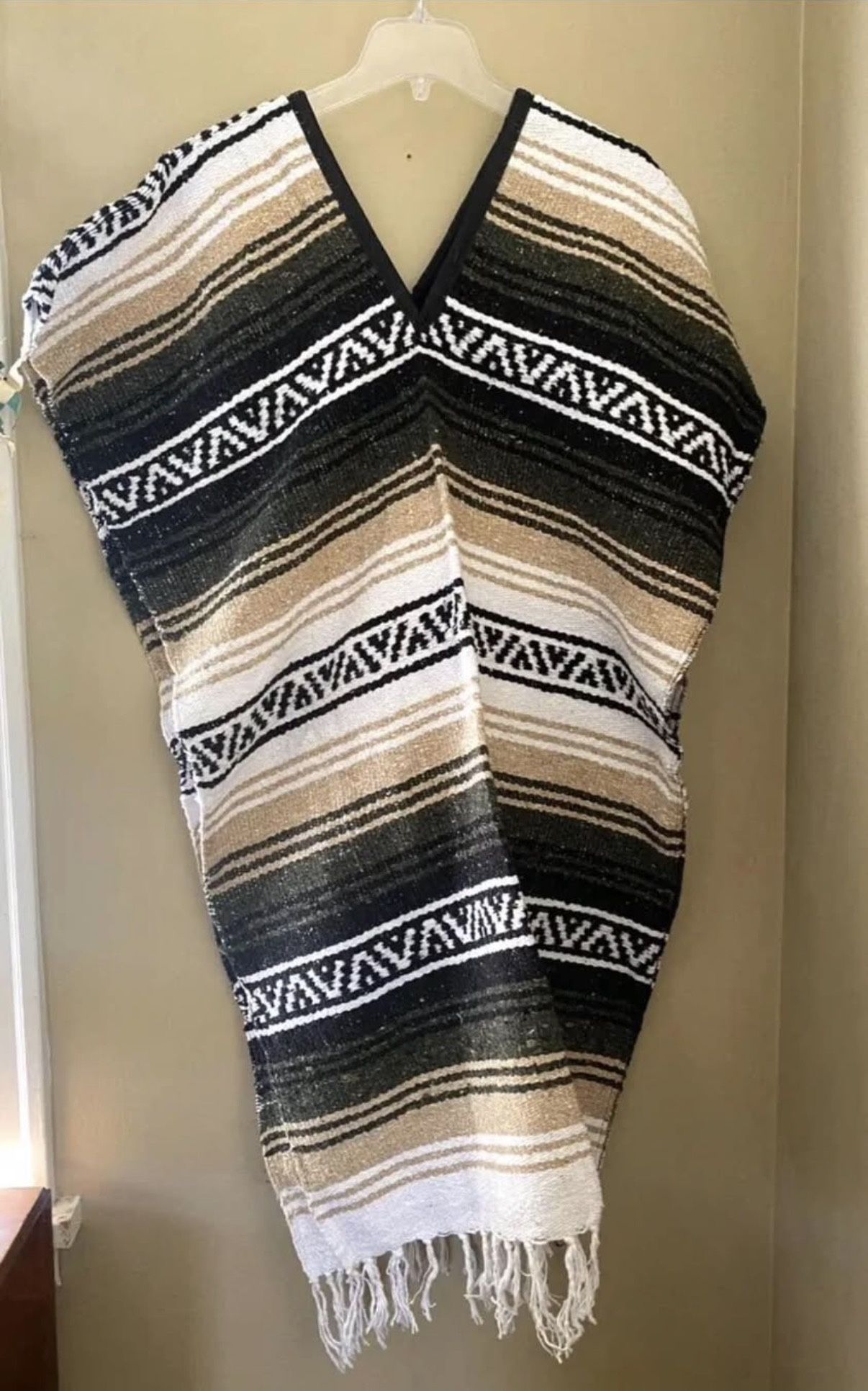 Adult Striped Mexican Blanket PONCHO Pancho Costume Festival Pullover OLIVE/TAN