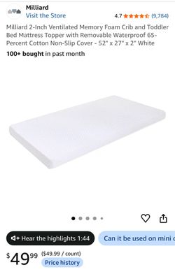 Milliard 2-Inch Ventilated Memory Foam Crib and Toddler Bed Mattress Topper with Removable Waterproof 65-Percent Cotton Non-Slip Cover - 52" x 27" x 2