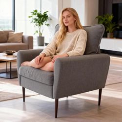 Modern Fabric Accent Chair w/ Supportive Backrest & Wood Arms