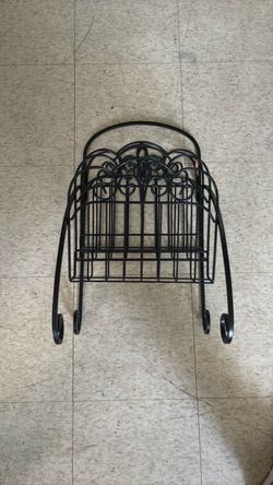 Vintage Mid Century Black Wrought Iron Metal Magazine Rack French Scroll
