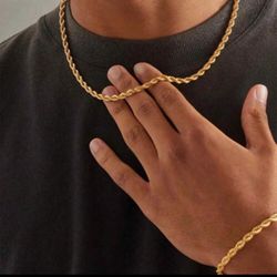 18k Gold Men Chain With Bracelet Set 