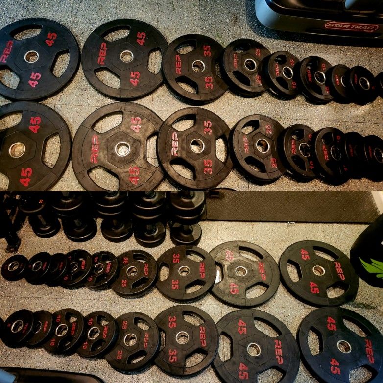 REP 365LB OLYMPIC WEIGHTS RUBBER BARBELL EZ LIFT WEIGHT PLATES SET