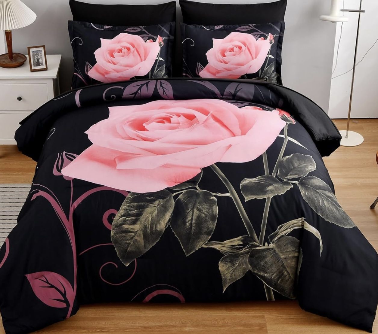Blush Rose Print Queen Bedding Set