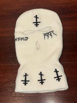 White Knit Ski Mask with Embroidered Graphics