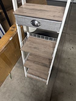 White Metal Shelf Unit with Drawer and Wood Shelves