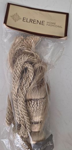 Large bundle of curtain tassel tiebacks. 2 pcs 40in gold decorative tiebacks, 3 pcs 50in taupe twisted rope tiebacks, assorted shorter vintage tieback