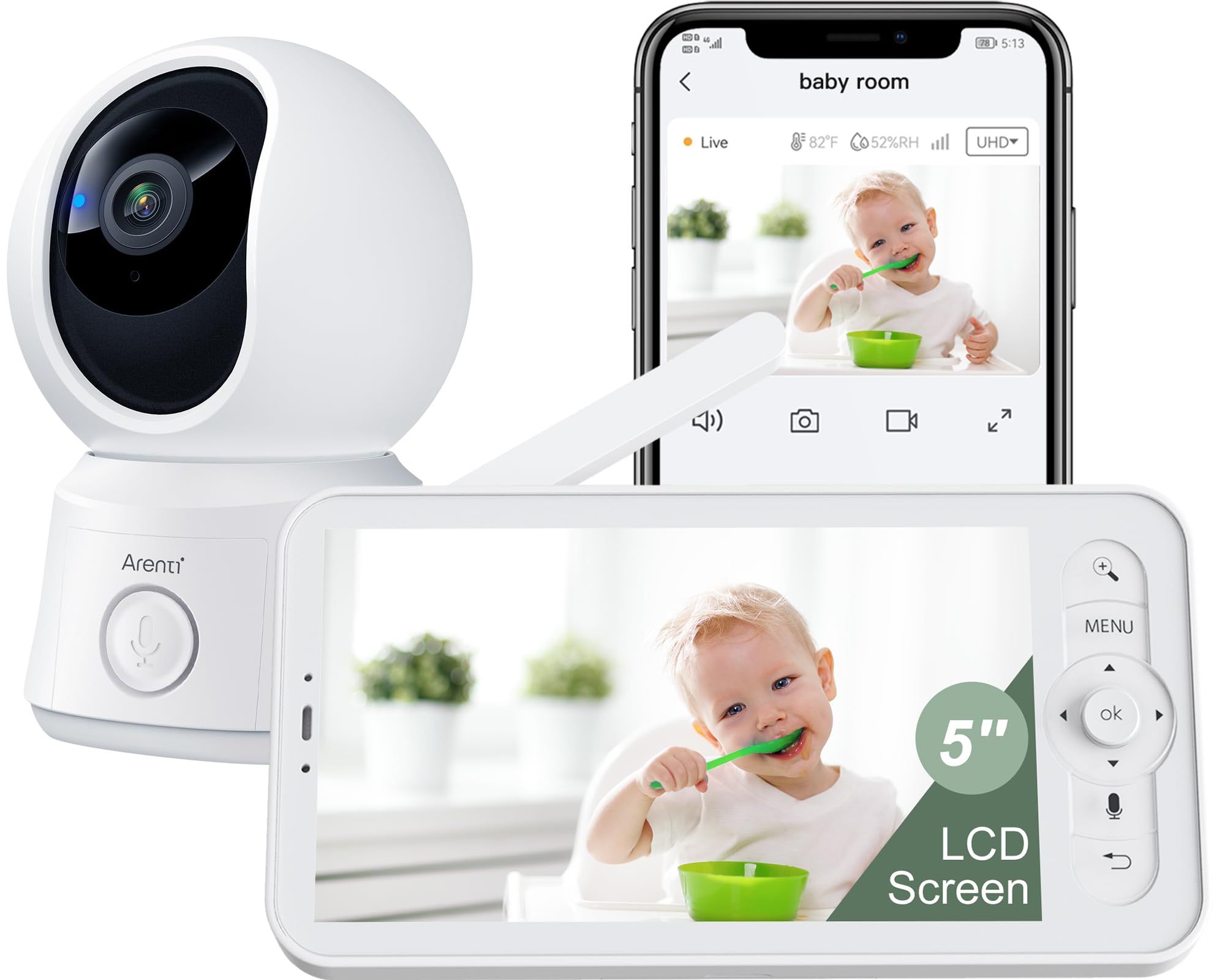 ARENTI Video Baby Monitor With Camera And Audio, 5-Inch Smart Baby Camera Monitor With Free Phone App, 1080P, VOX, PTZ, One-Touch Call, Temp Sensor, L