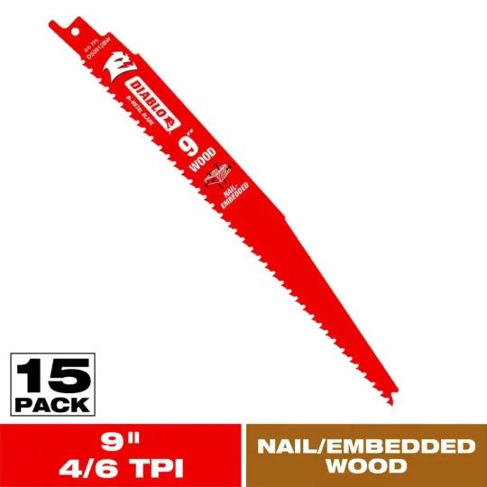 DIABLO 9 in. 4/6 TPI (15-Pack) Demo Demon Bi-Metal Reciprocating Saw Blades for Nail-Embedded Wood Cutting (Model: DS0912BW15)