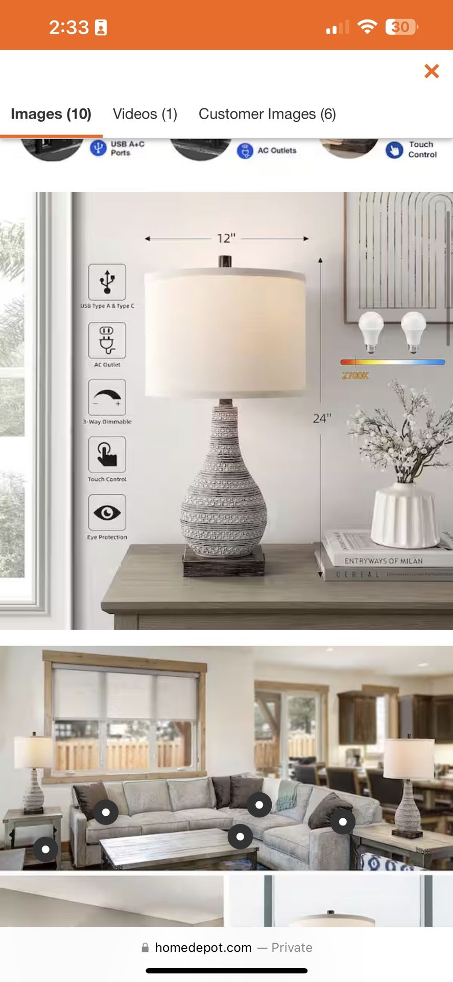 24 in. Distressed Wood Table Lamp Set of 2 with Outlets and USB Ports and Touch Switch