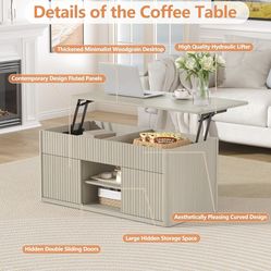 39.3” Fluted Lift Top Coffee Table with Large Storage Compartment