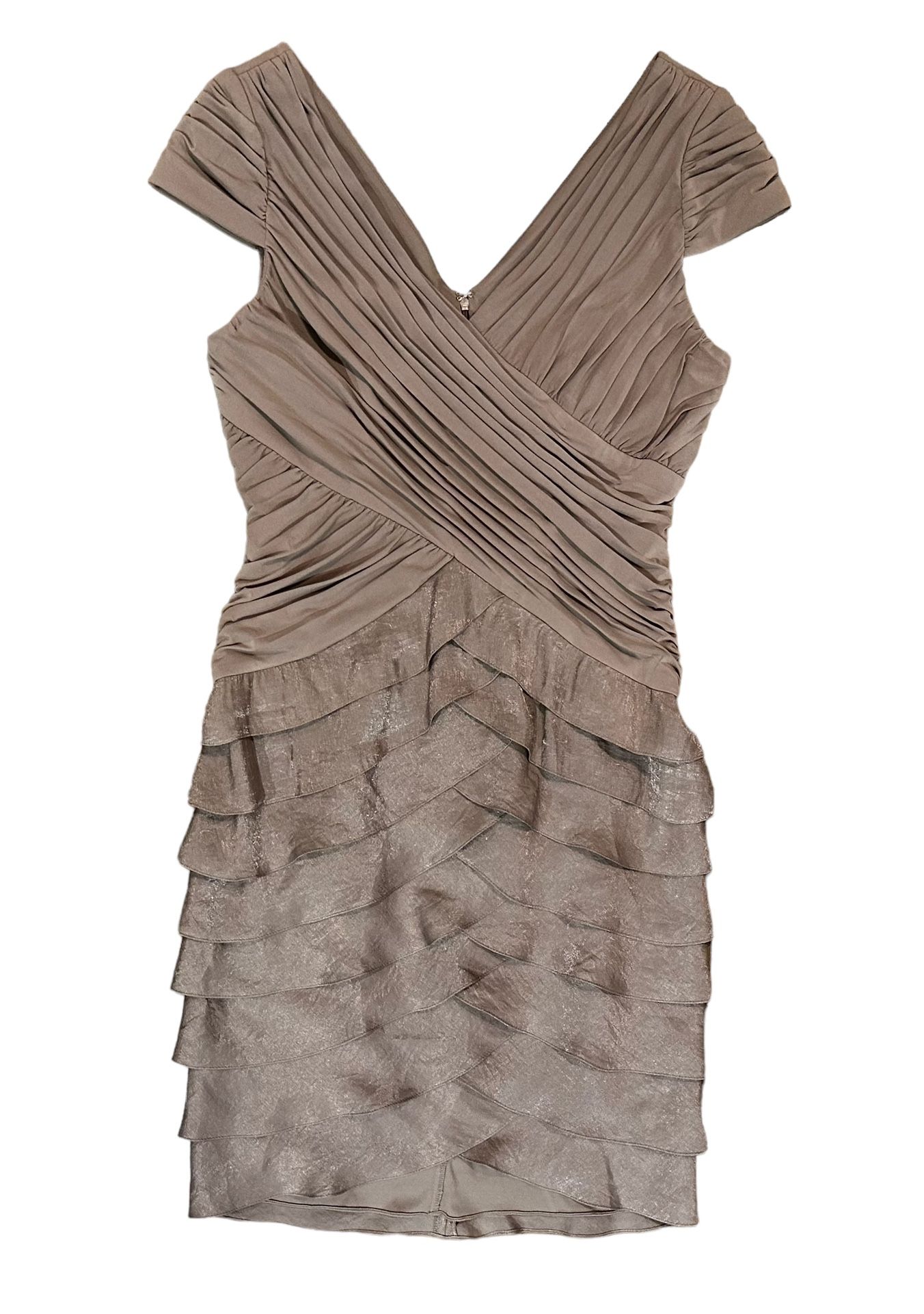 ADRIANNA PAPELL Shimmer Taupe Sheath Dress Stretch Tiered Ruffles - Main Image