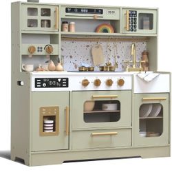 Kids Wooden Play Kitchen Set – Realistic Pretend Play Kitchen with Stove, Sink, Coffee Maker, Ice Maker & 15 Fun Accessories