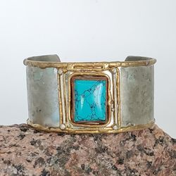 Vintage Tri-Tone German "Silver" Faux (?) Turquoise Adjustable Cuff Bracelet, Made in India