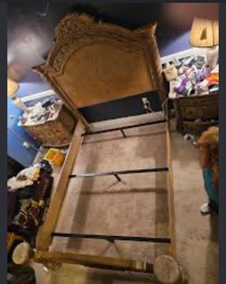 Ornate Wood Bed Frame with Carved Headboard