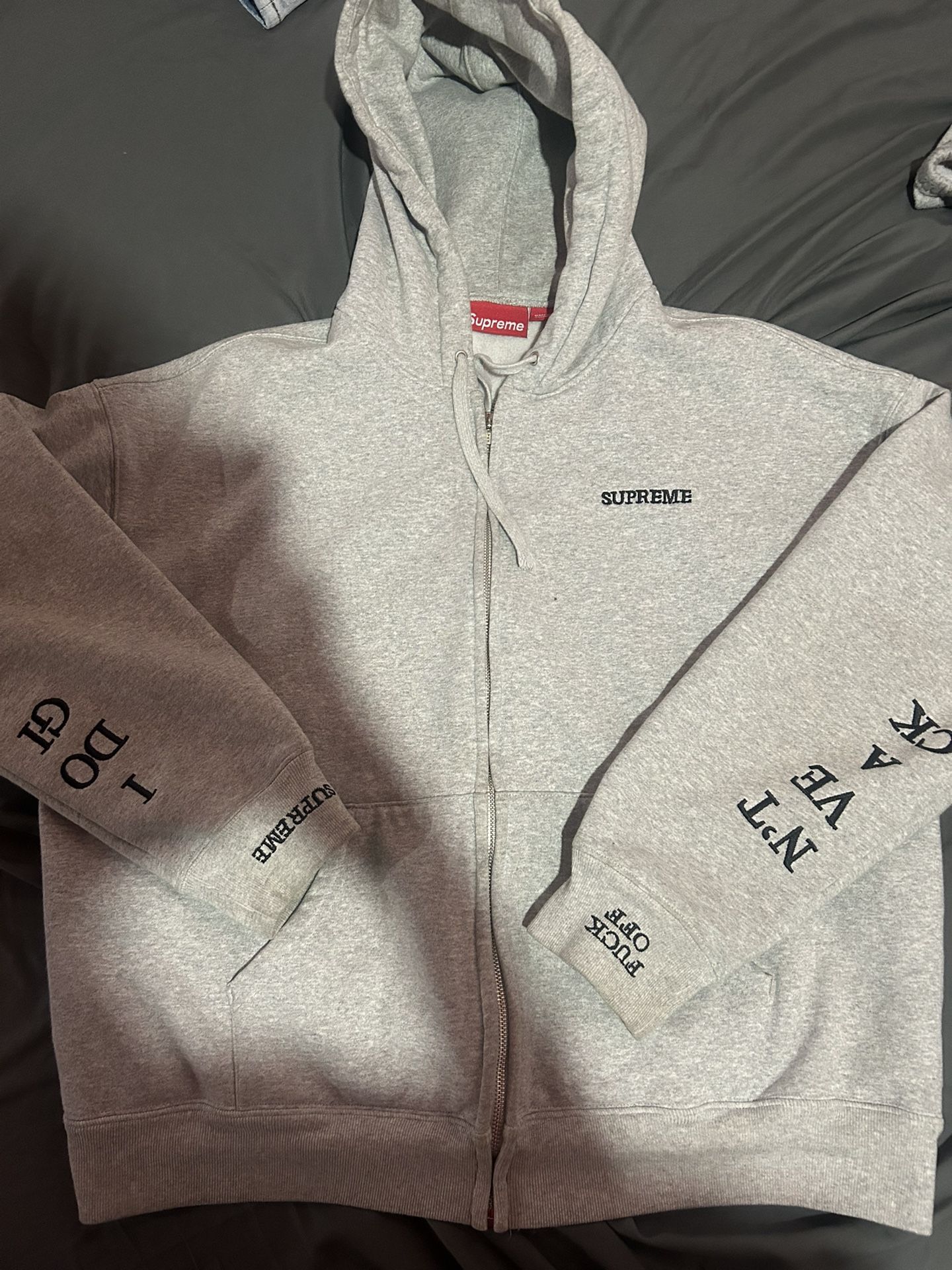 Supreme IDGAF Zip Up Hooded Sweatshirt Heather Grey