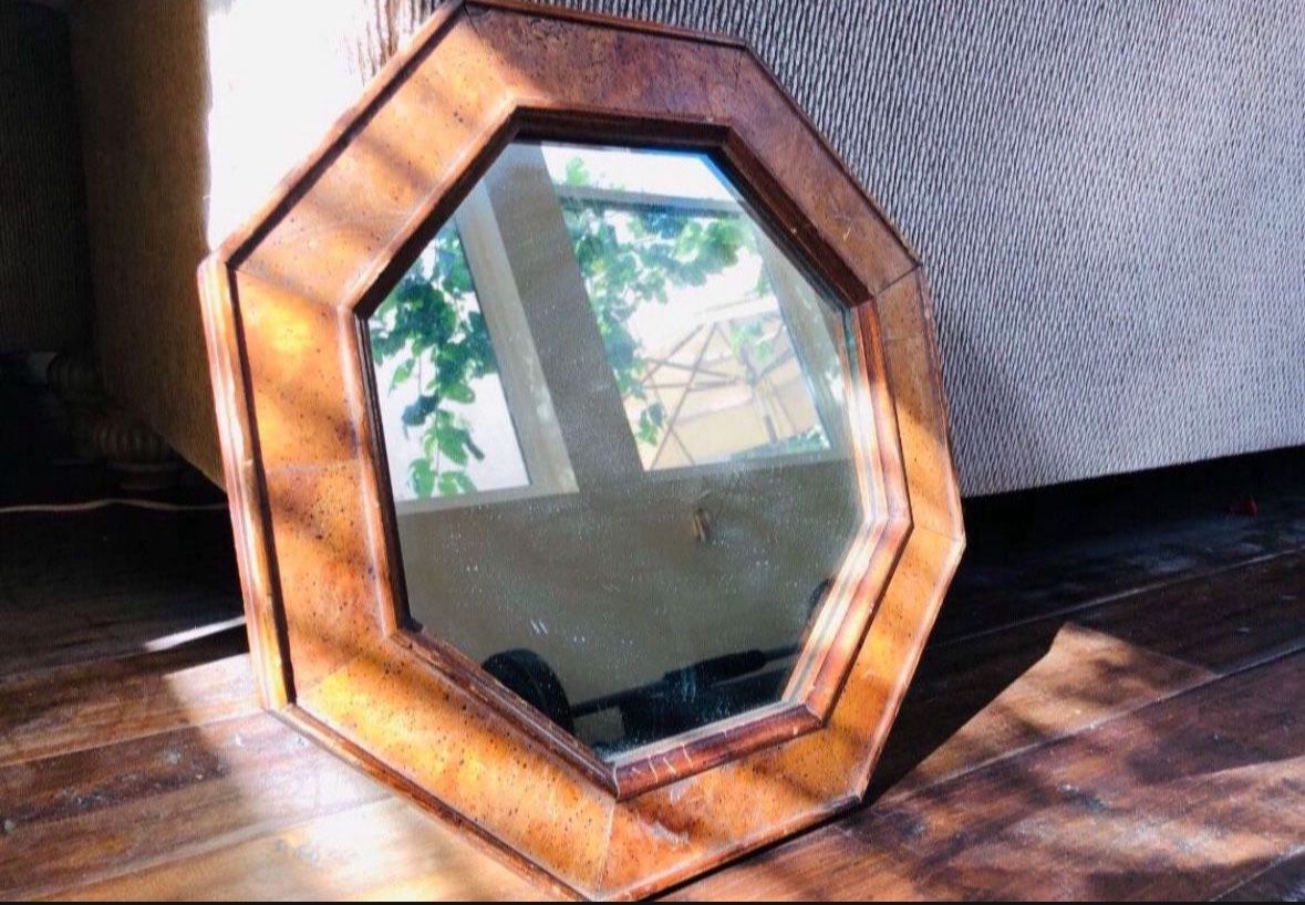 Vintage Wood Framed Mirror, 15.5" Diameter