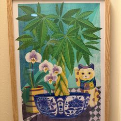 Cat Money tree And Orchid Artwork With frame