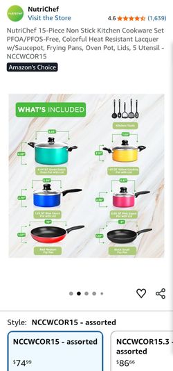 Nutrichef 15pc stainless pans - colorful set