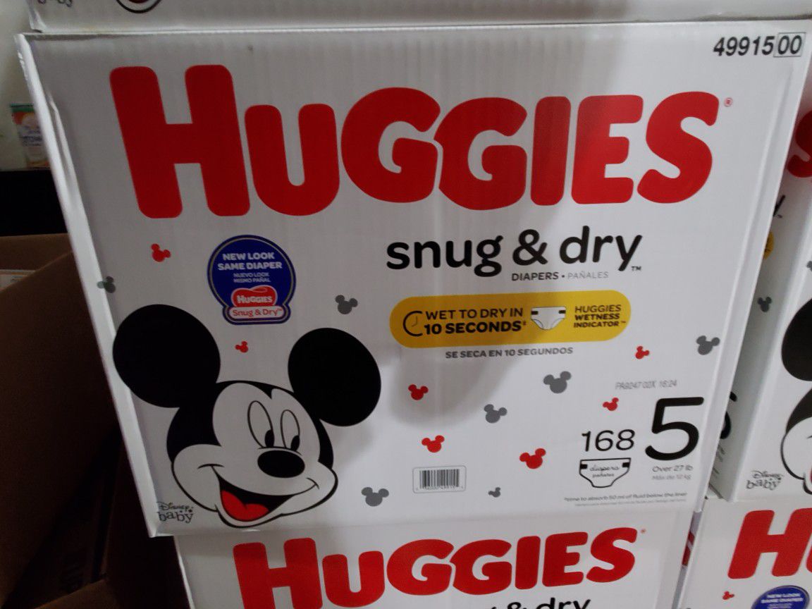 Huggies size 5 snug and dry 168 count box $13 ea firm