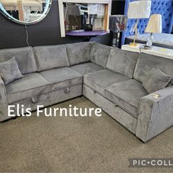 Brand New Sectional Dark Grey Corduroy Fabric With Storage & PULL OUT BED $749