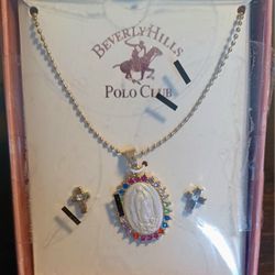 Beverly Hills Polo Club Vigin Of Guadalupe/ Virgen De Guadalupe  Multicolor Necklace And Cross Earrings Gift Box Set - Mother's Day  / Día De Las Madr
