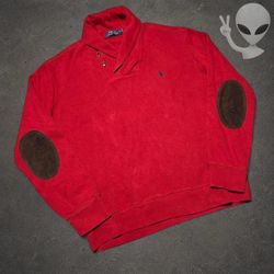 Polo Ralph Lauren Shawl Neck Sweater Mens XL Red Suede Elbow Patches Preppy