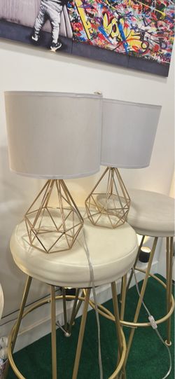 Gold Geometric Table Lamps with White Shades – Set of 2