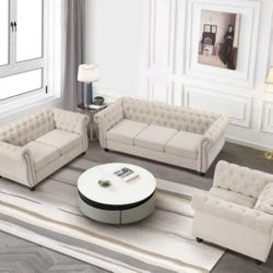 Sauget 3 - Piece Living Room Set linen，sofa Loveseat Chair Set