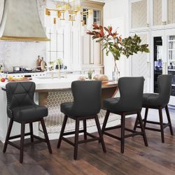 26" H Black Swivel Bar Stool with Back, Faux Leather Counter Stool
