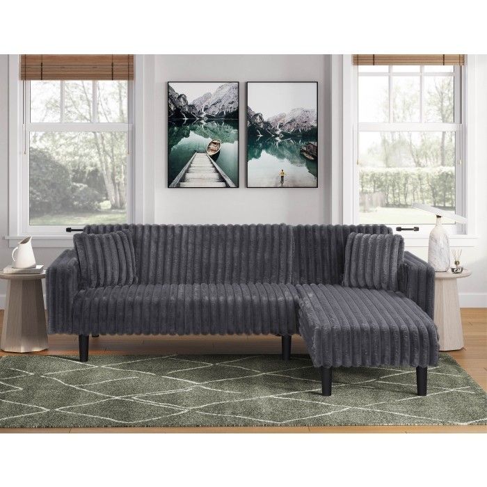 Brand New Dark Grey Jumbo Corduroy Upholstered Reversible Chaise L-Shape Sectional and USB Port