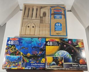 LOT OF 3 MELISSA & DOUG PUZZLES AND ARCHITECTURAL UNIT BLOCKS NEW SEALED