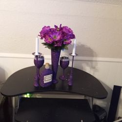6pcs, 2 Purple Small Wine Glasses, 2 Candleholders With LED Candles, Tall Vase, With  Liquor  Bottle.