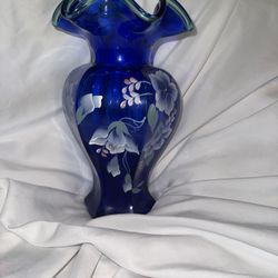 Fenton 1998 Cobalt Blue 75th Anniversary Hexagonal Vase Hand Painted Green Crest