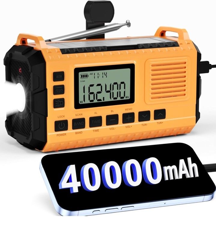 AM/FM/NOAA Hand Crank Radio with 15W Fast Charge, 40000mAh Portable Solar Power Bank