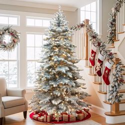 NEW Yaheetech 6ft Snow Flocked Pre-lit Christmas Tree with 250 Warm White Lights, 820 Lush Branch