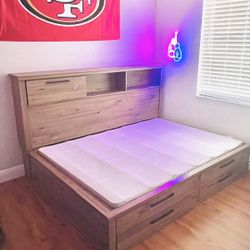 Dexfield Full Bookcase Bed with Storage Footboard in Beige Brown