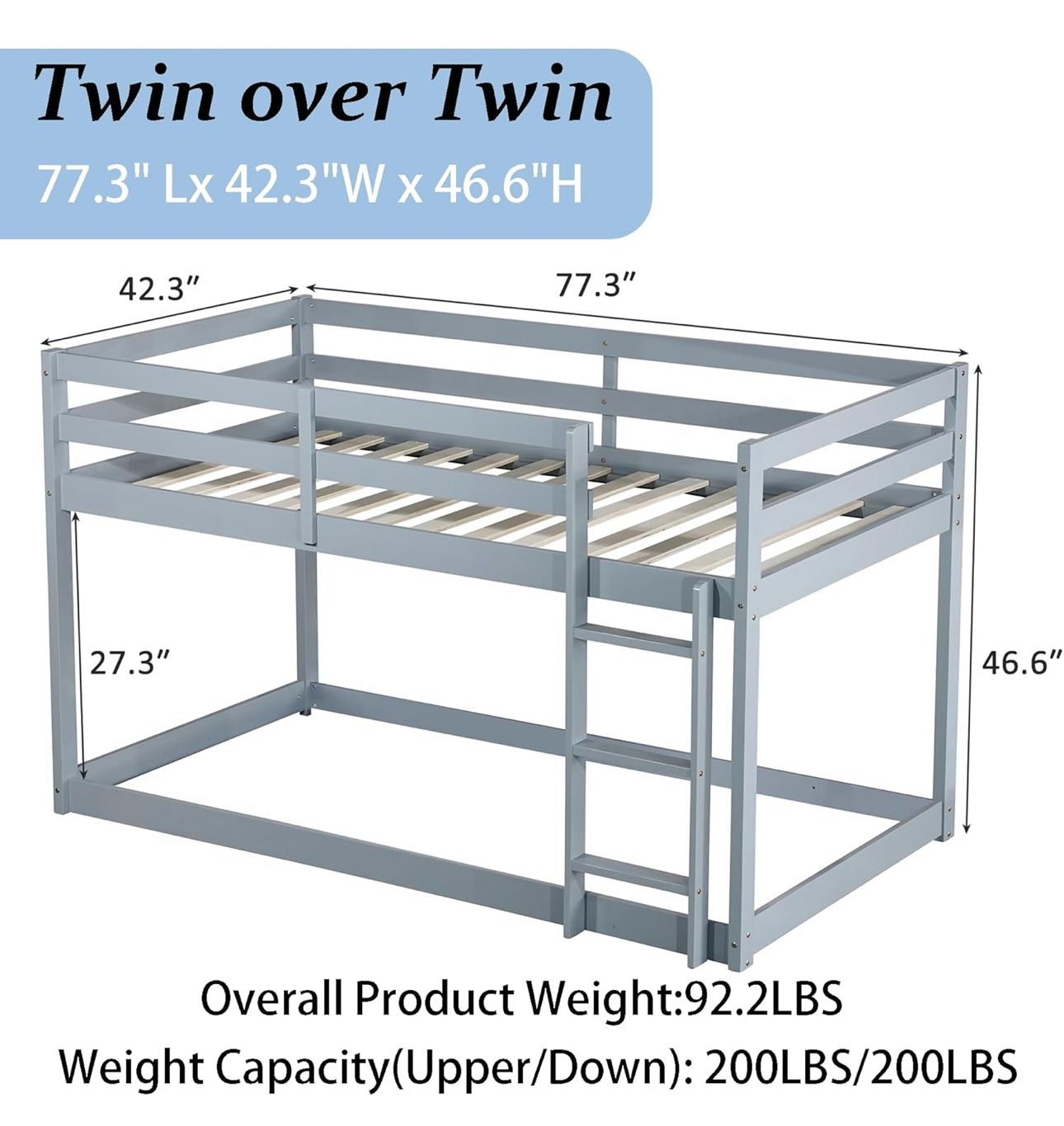 Floor Bunk Bed with Ladder, Side Drawers & Storage🩶