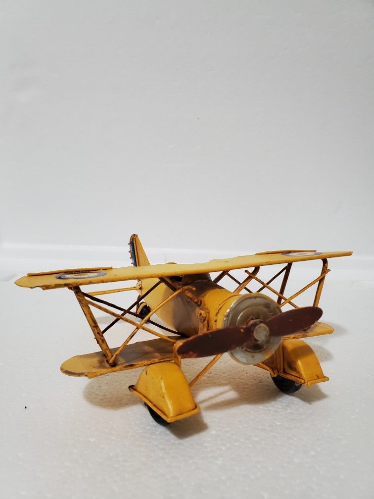 Vintage Yellow Metal Bi-Plane 3” High Red White Blue Target Die Cast Model