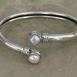 Sterling Silver Pearl Bangle Bracelet 