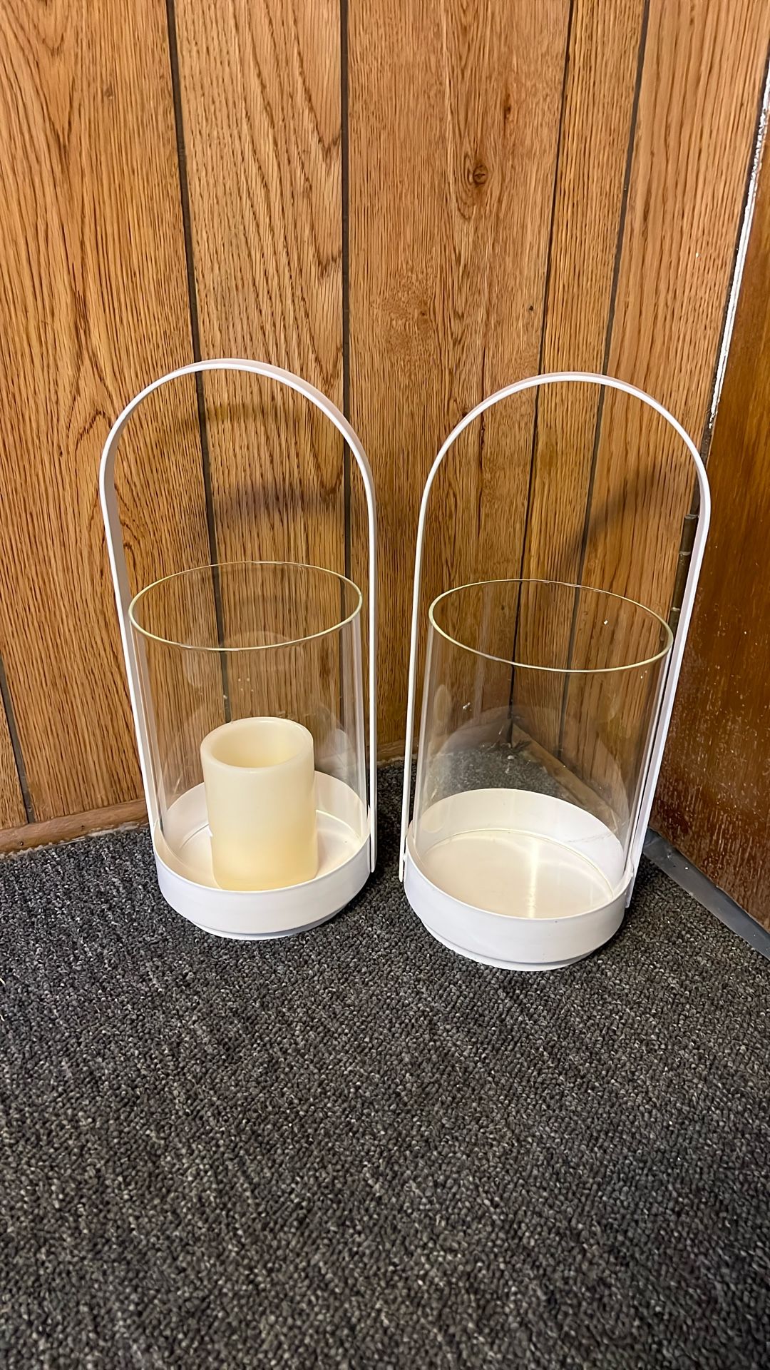 Set of Two Metal and Glass Hurricane Candle Holders, Lanterns for Patios with Handles