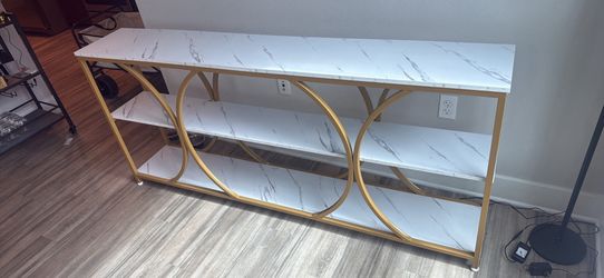 Gold & White Marble Console Table with Shelves