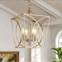 12 in. 4-Light Open Cage Metal Pendant Light, Gold Modern Chandelier for Kitchen Island, Dining Room, Foyer, Entryway