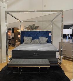 Canopy sterling silver and velvet navy blue king bed