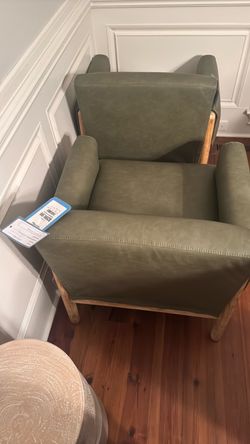 Green Leather Accent Chair with Wood Frame