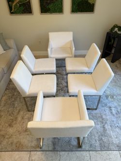  6 White Restoration Hardware Emery Fabric Dining chairs. RH. Kitchen, dining room. 