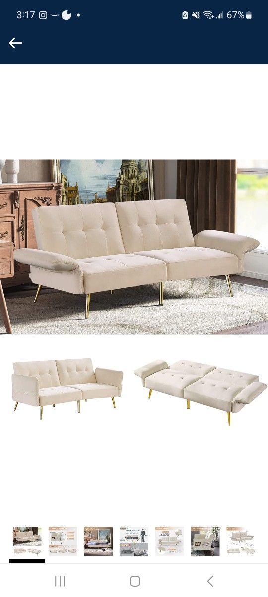 Off White Velvet Sofa W/ Gold Legs, Reclining, Folding, "Fancy Futon"