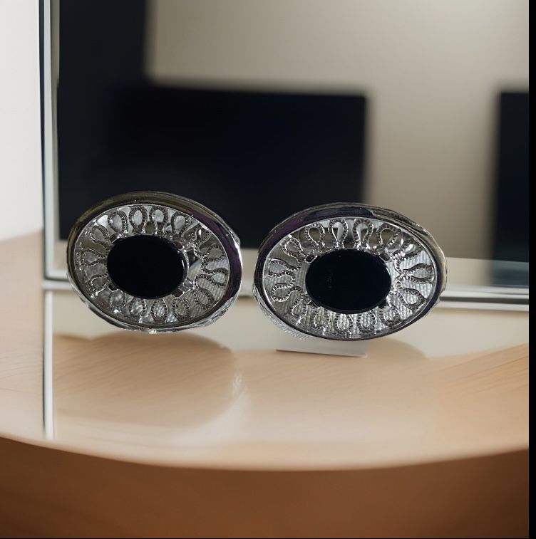 Vintage Elegant Dante Real Onyx Silver Tone Cufflinks