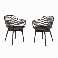Dark Brown Plastic Hallow Pattern Outdoor Dining Chair Set of 2
